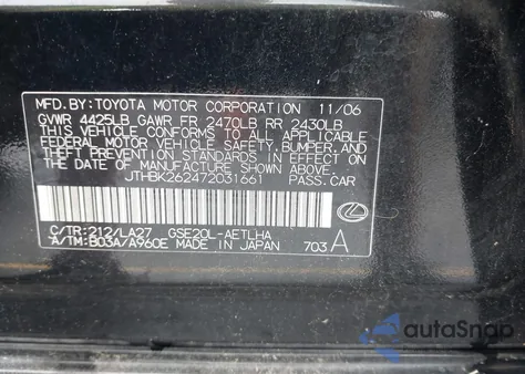 2007 Lexus Is 250 z USA, uszkodzony, nr VIN JTHBK262472031661